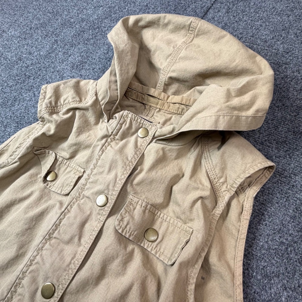 Gap Womens Tan Khaki Hooded Utility Vest Full Zip Snap Cargo Pockets Large